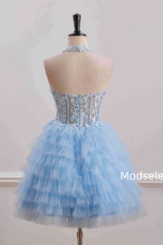 Blue Halter A-Line Multi-Layered Tulle Empire-Waist Homecoming Dress