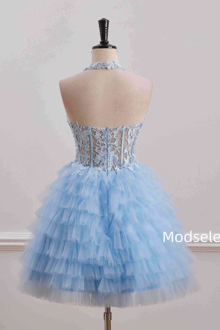 Blue Halter A-Line Multi-Layered Tulle Empire-Waist Homecoming Dress