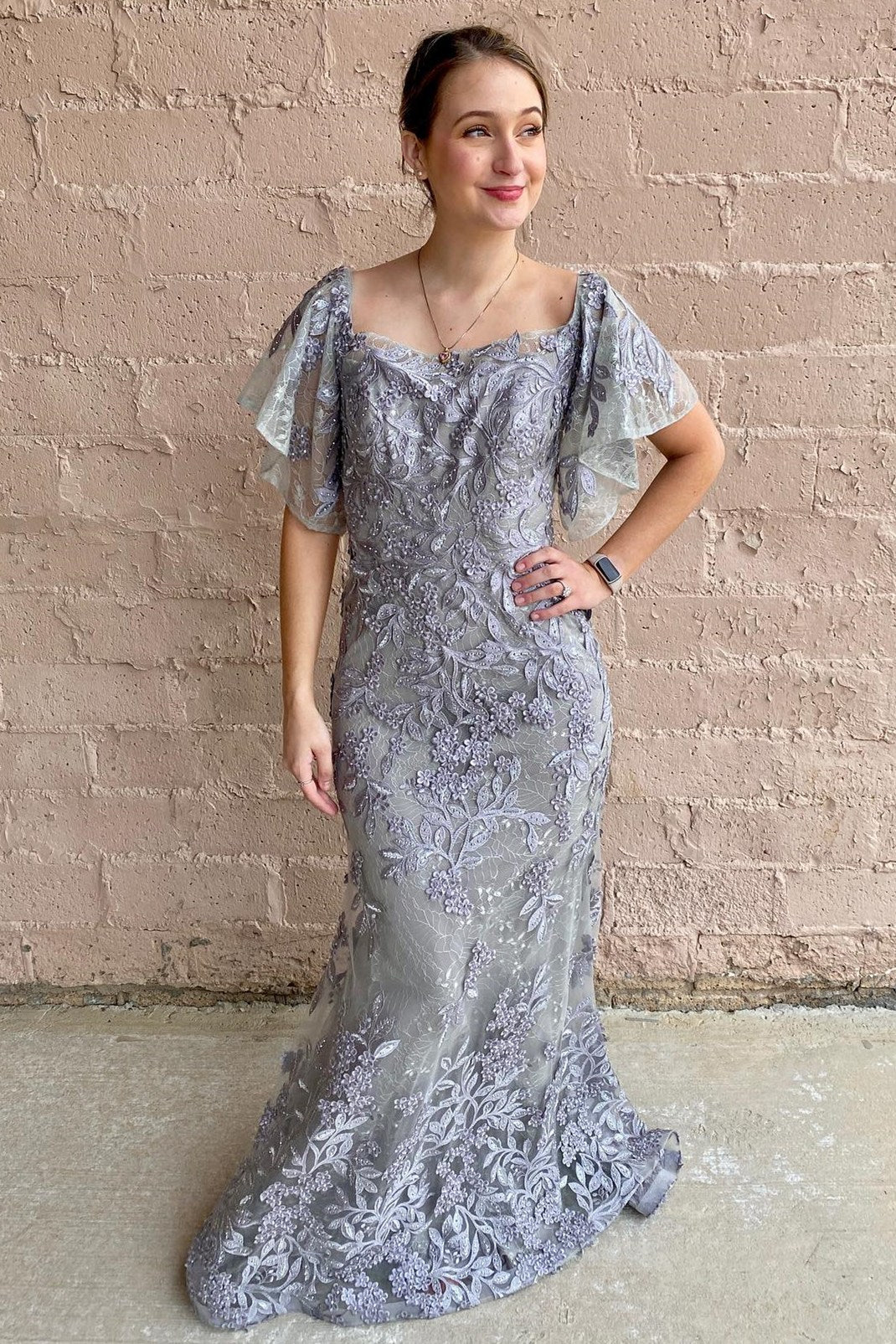 Grey Butterfly Sleeves Appliques Mermaid Mother of the Bride Dress