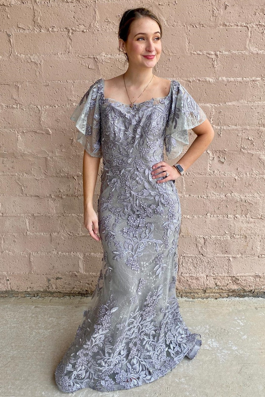 Grey Butterfly Sleeves Appliques Mermaid Mother of the Bride Dress – Modsele