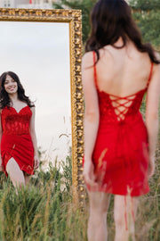Red Sequin Lace Bustier Short Cocktail Dress with Slit
