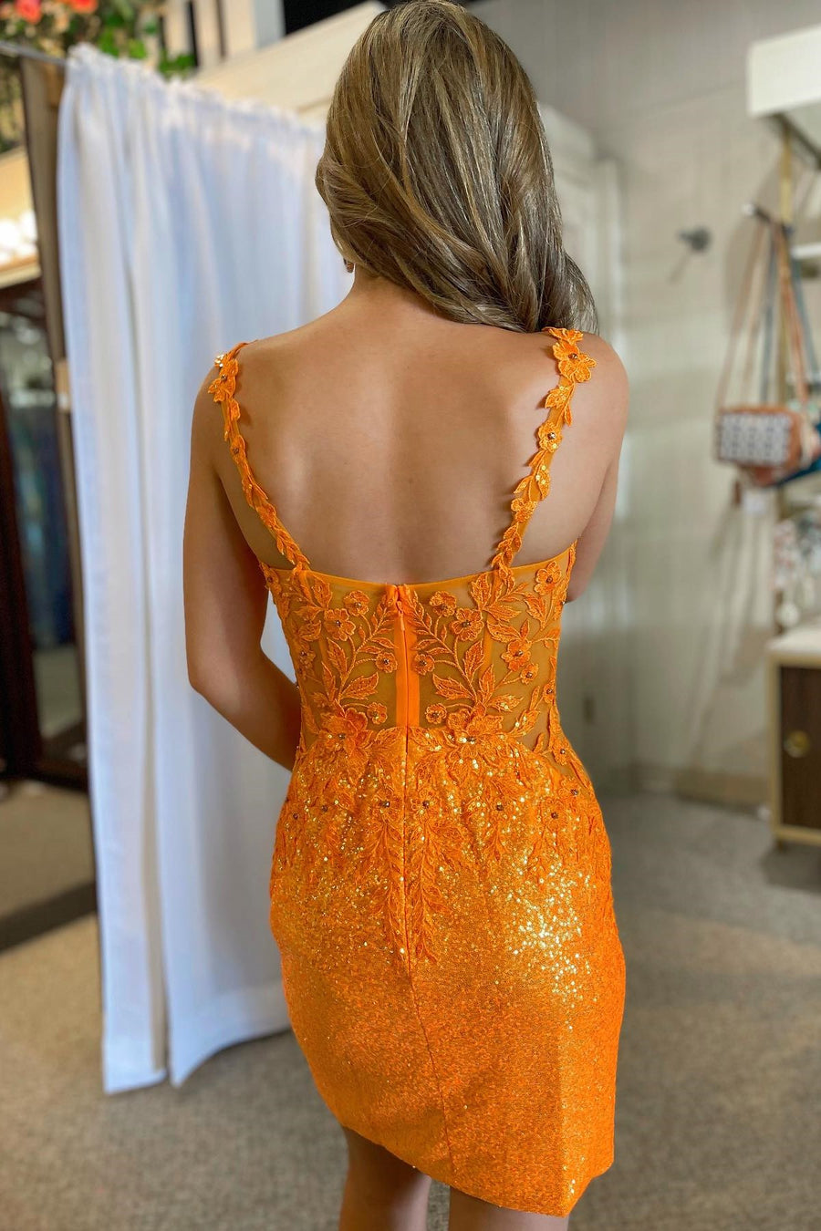 Orange Sequin Plunge V Short Gown with Appliques Modsele Orange Sequin Plunge V Short Gown with Appliques Modsele