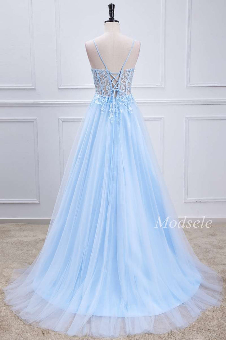 A-Line Light Blue Appliques Sheer Bodice Long Prom Dress