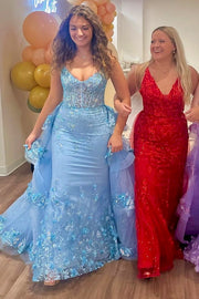 Blue Sequin Lace V-Neck Pageant Dress with Attached Train