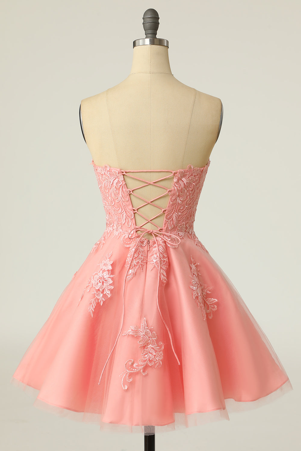 Pink Strapless Lace-Up A-Line Short Homecoming Dress with Floral Lace