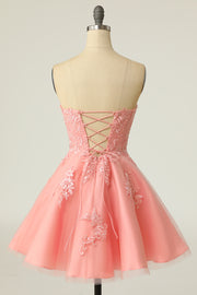 Pink Strapless Lace-Up A-Line Short Homecoming Dress with Floral Lace