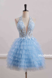 Blue Halter A-Line Multi-Layered Tulle Empire-Waist Homecoming Dress