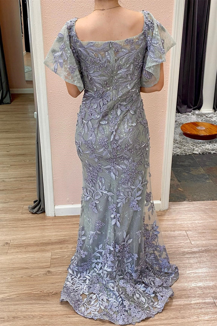 Grey Butterfly Sleeves Appliques Mermaid Mother of the Bride Dress