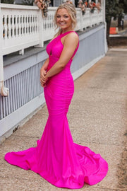 Hot Pink Cross-Front Mermaid Long Formal Dress
