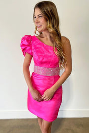 Hot Pink Beaded One-Shoulder Bodycon Homecoming Dress