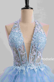 Blue Halter A-Line Multi-Layered Tulle Empire-Waist Homecoming Dress