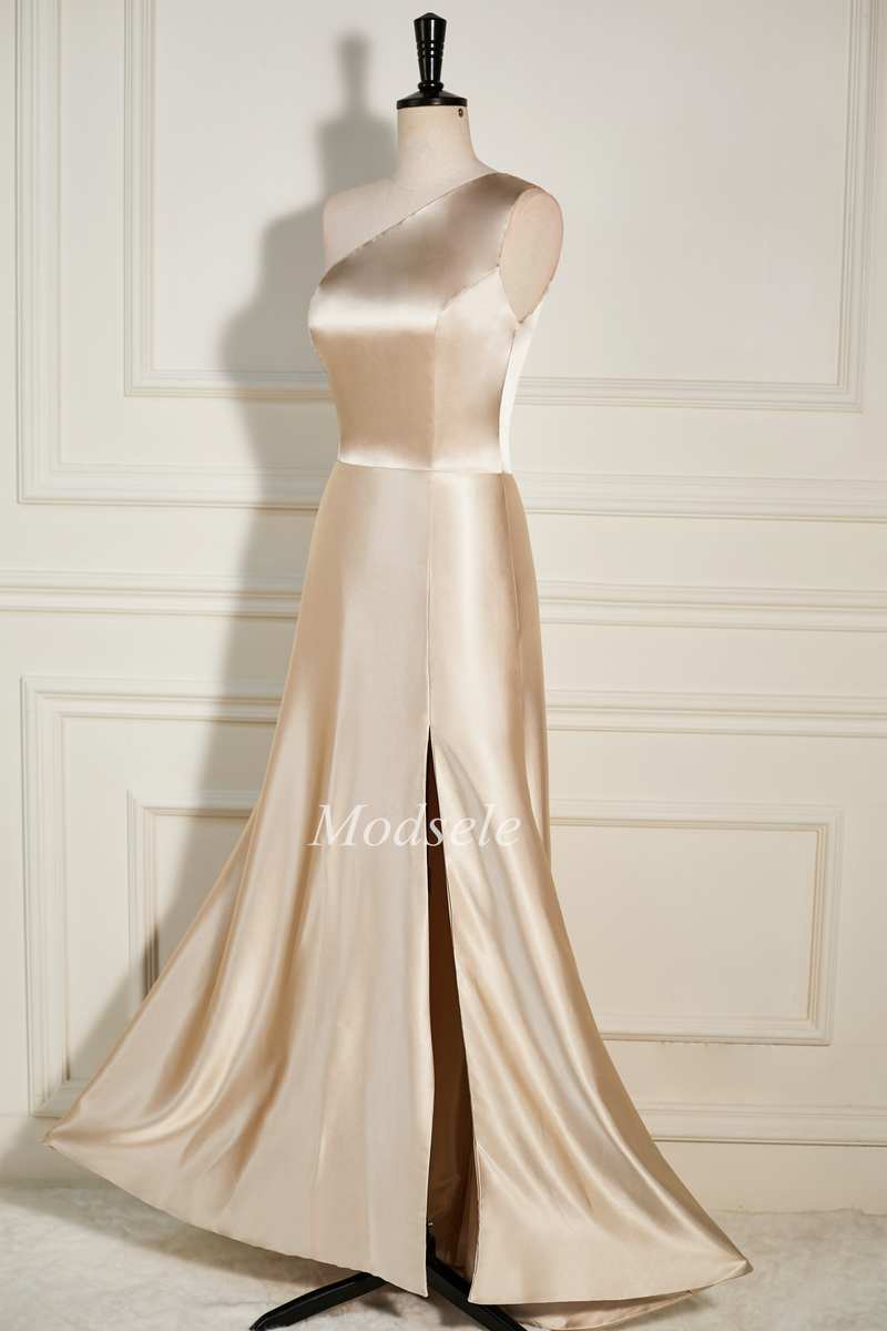 Champagne One-Shoulder A-Line Long Dress
