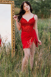 Red Sequin Lace Bustier Short Cocktail Dress with Slit