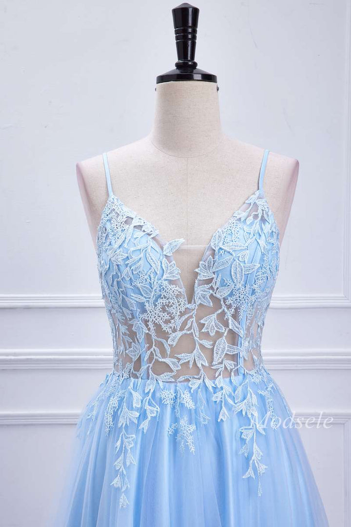 A-Line Light Blue Appliques Sheer Bodice Long Prom Dress