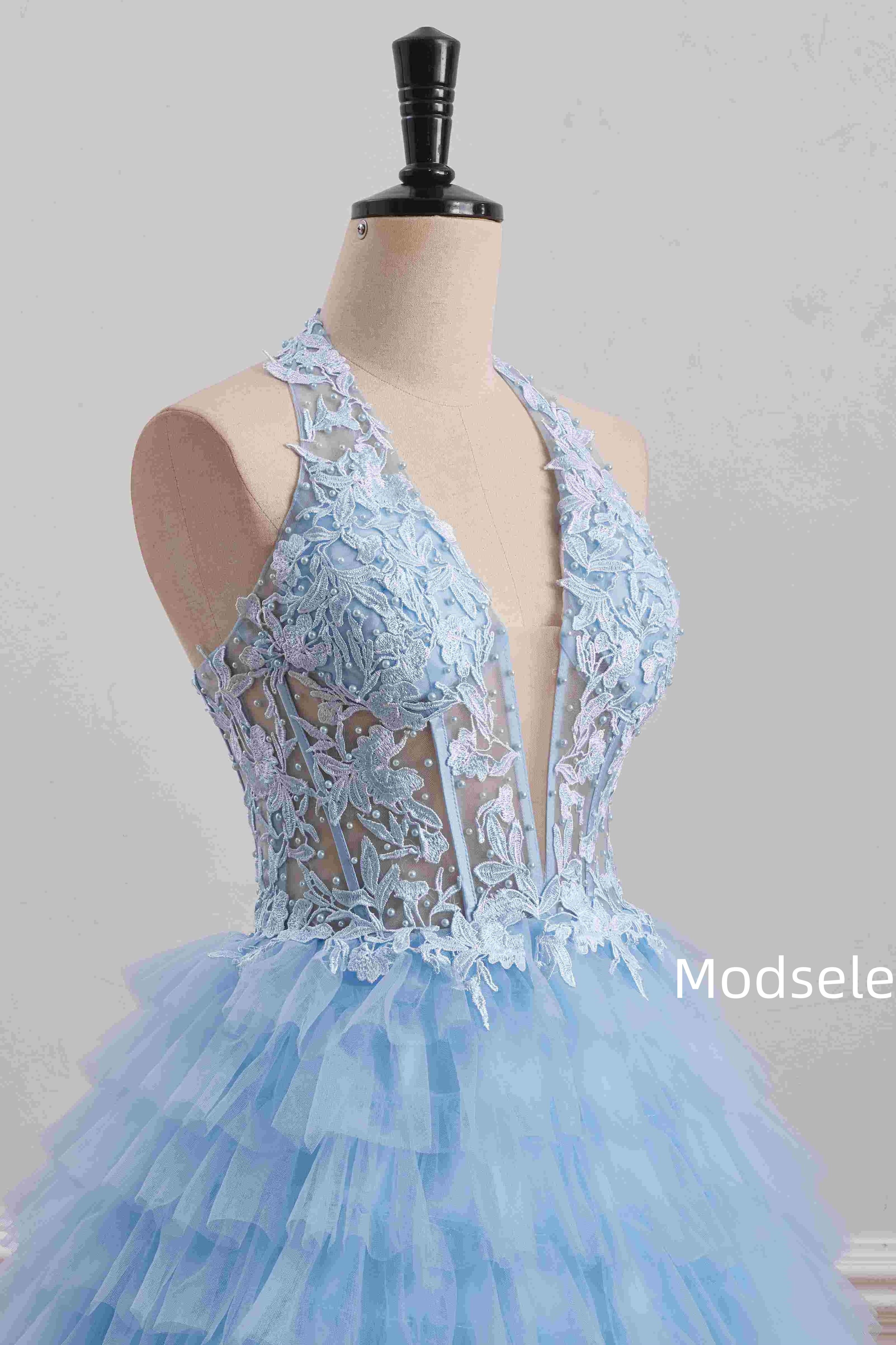 Blue Halter A-Line Multi-Layered Tulle Empire-Waist Homecoming Dress