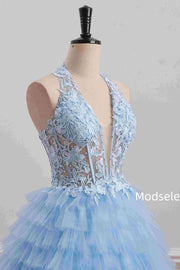Blue Halter A-Line Multi-Layered Tulle Empire-Waist Homecoming Dress
