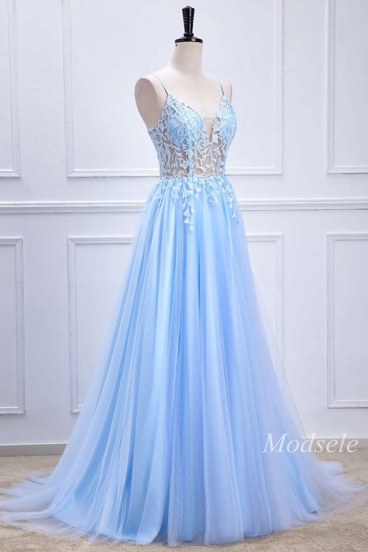 A-Line Light Blue Appliques Sheer Bodice Long Prom Dress