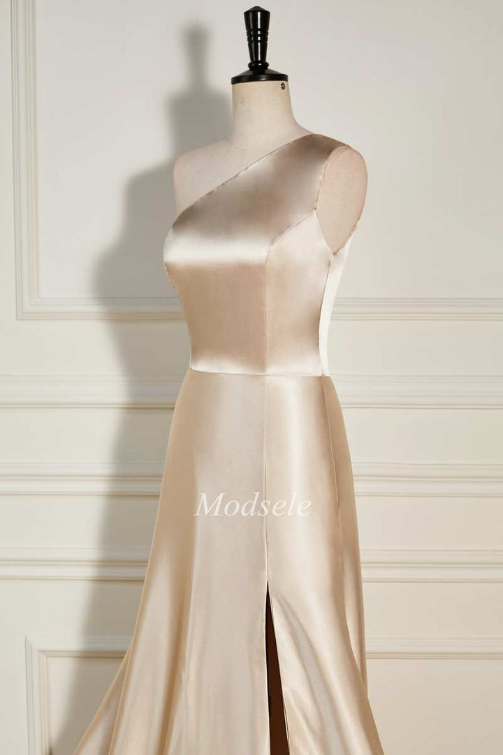 Champagne One-Shoulder A-Line Long Dress
