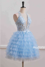 Blue Halter A-Line Multi-Layered Tulle Empire-Waist Homecoming Dress