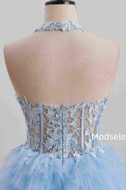 Blue Halter A-Line Multi-Layered Tulle Empire-Waist Homecoming Dress