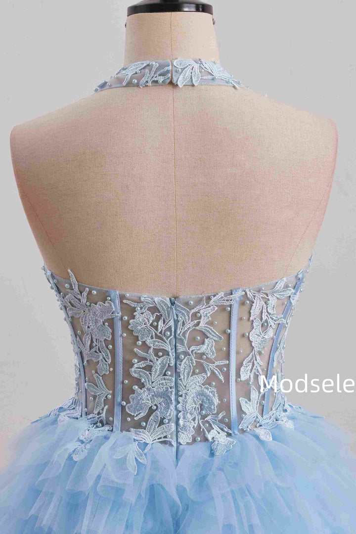 Blue Halter A-Line Multi-Layered Tulle Empire-Waist Homecoming Dress