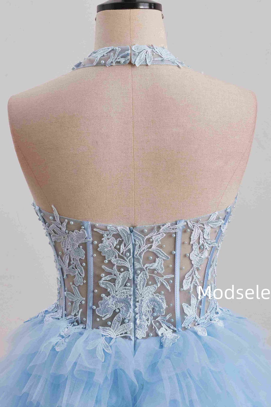 Blue Halter A-Line Multi-Layered Tulle Empire-Waist Homecoming Dress