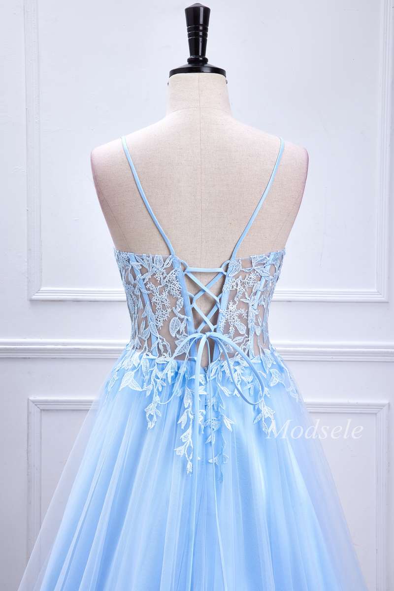 A-Line Light Blue Appliques Sheer Bodice Long Prom Dress Modsele A-Line Light Blue Appliques Sheer Bodice Long Prom Dress Modsele