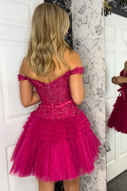 Pink Off-the-Shoulder Bow Tiered Short Homecoming Dress with Ruffles