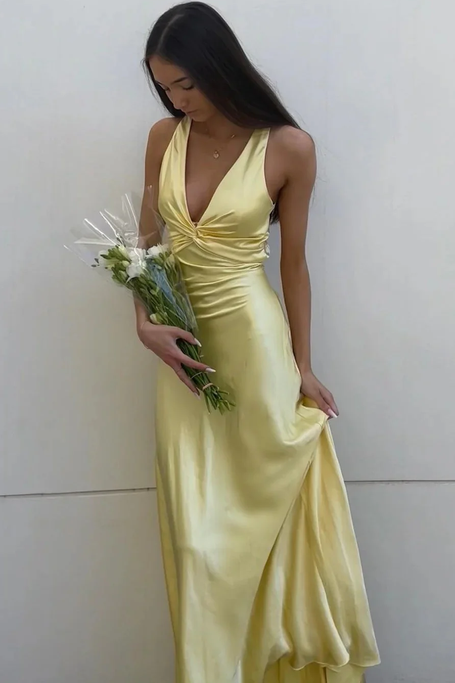 Halter V-Neck Pleated Satin Sleeveless Long Prom Party Dress – Modsele