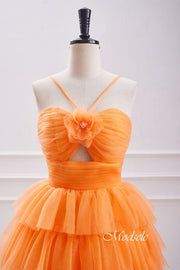 Orange Cutout Ruffle Tiered Homecoming Dress with Rosette