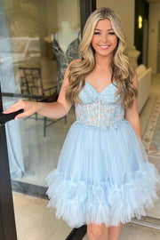 Light Blue Strapless Applique Ruffle Homecoming Dresses