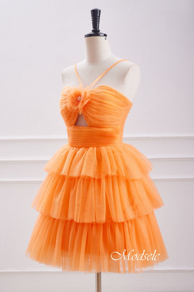 Orange Cutout Ruffle Tiered Homecoming Dress with Rosette