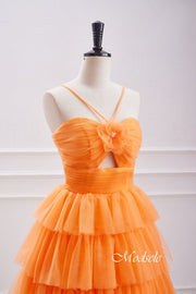 Orange Cutout Ruffle Tiered Homecoming Dress with Rosette