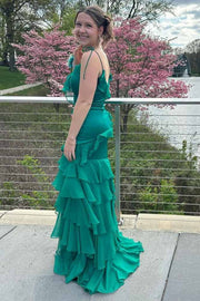 Emerald Green V-Neck Ruffle Long Prom Dress with Slit
