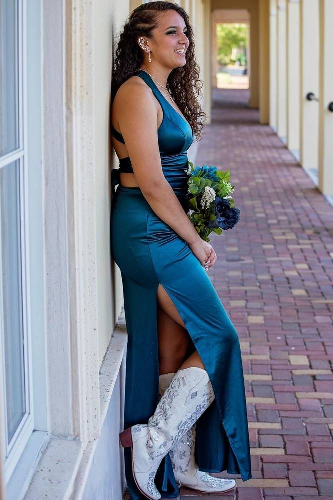 Blue Halter High Slit Tight Long Dress with Lace-Up