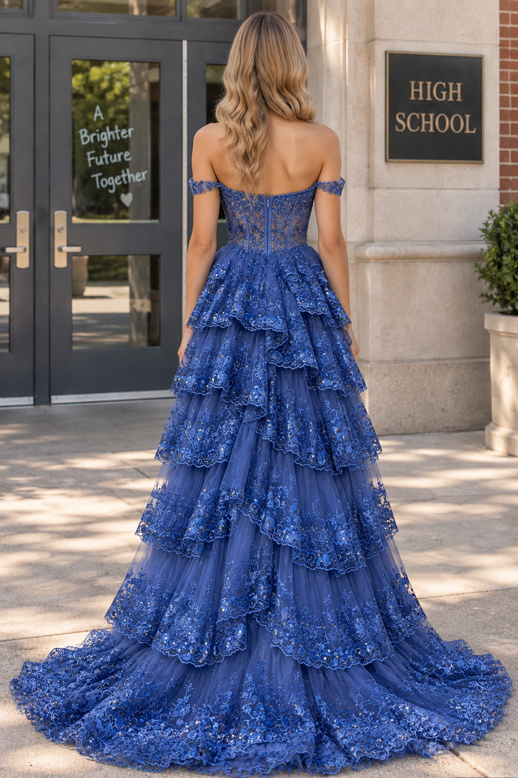 Fairytale Sequin-Embroidery Off-the-Shoulder Tiered Long Prom Dress with Slit