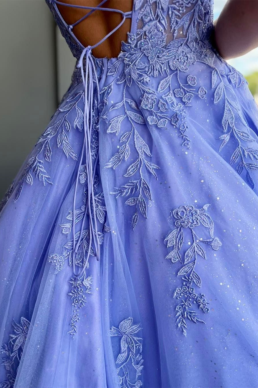 Periwinkle Tulle Appliques Lace-Up A-Line Long Prom Dress