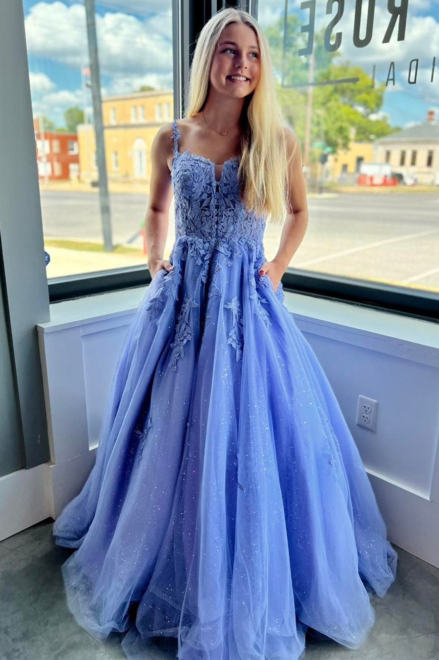Periwinkle Tulle Appliques Lace-Up A-Line Long Prom Dress