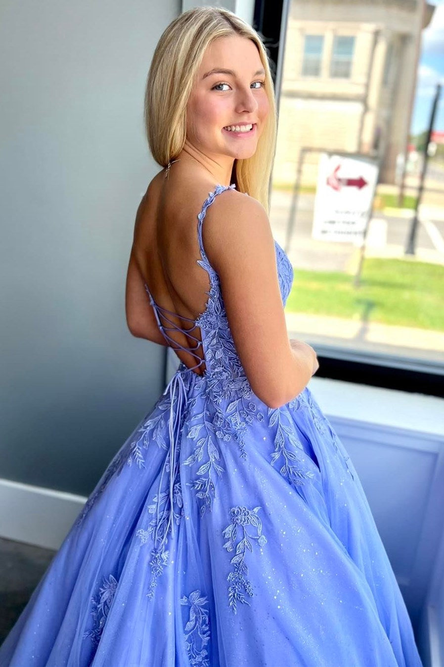 Periwinkle Tulle Appliques Lace-Up A-Line Long Prom Dress Modsele Periwinkle Tulle Appliques Lace-Up A-Line Long Prom Dress Modsele