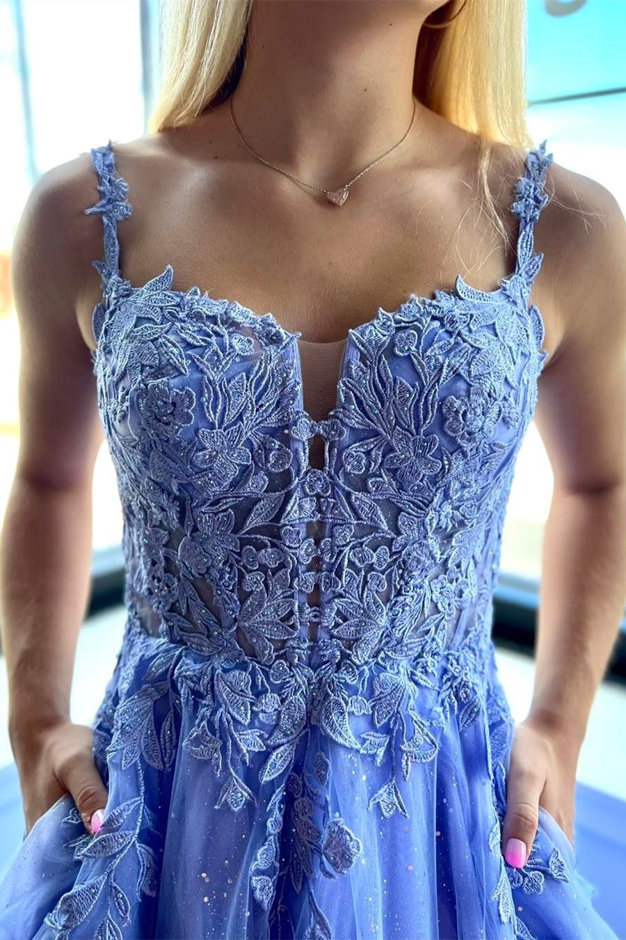 Periwinkle Tulle Appliques Lace-Up A-Line Long Prom Dress