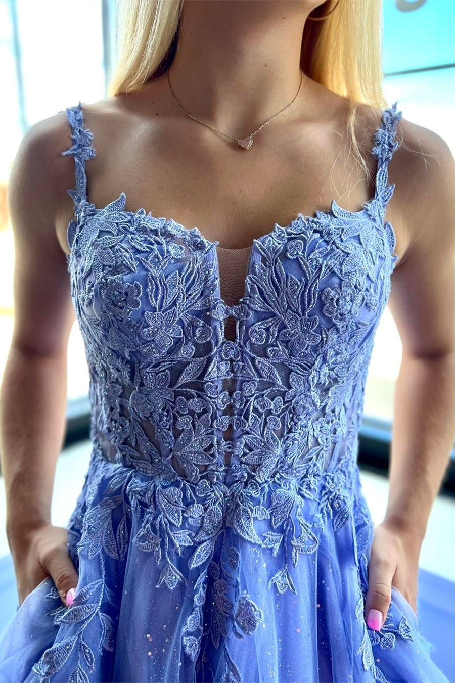 Periwinkle Tulle Appliques Lace-Up A-Line Long Prom Dress Modsele Periwinkle Tulle Appliques Lace-Up A-Line Long Prom Dress Modsele