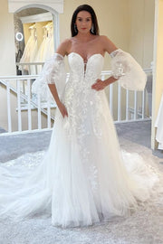 White Strapless A-Line Long Wedding Dress with Detachable Sleeves