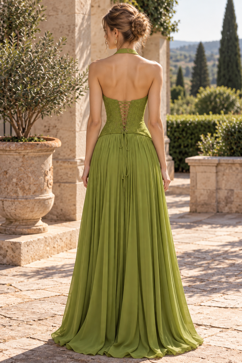 Olive A-Line Halter V-Neck Appliques Empire-Waist Pleated Prom Dress