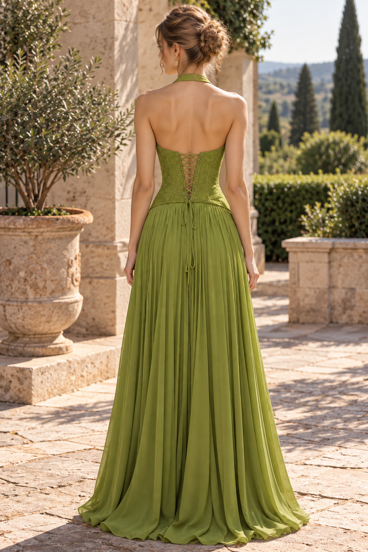 Olive A-Line Halter V-Neck Appliques Empire-Waist Pleated Prom Dress
