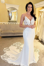 White V-Plunge Mermaid Long Wedding Dress
