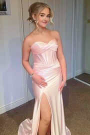 Classy Strapless Keyhole Mermaid Satin Long Prom Dress with Slit