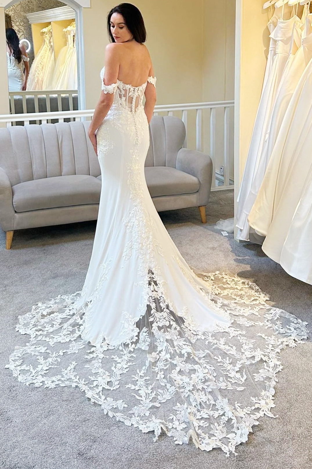 White Off-the-Shoulder Scalloped Lace Mermaid Long Wedding Dress
