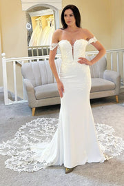 White Off-the-Shoulder Scalloped Lace Mermaid Long Wedding Dress