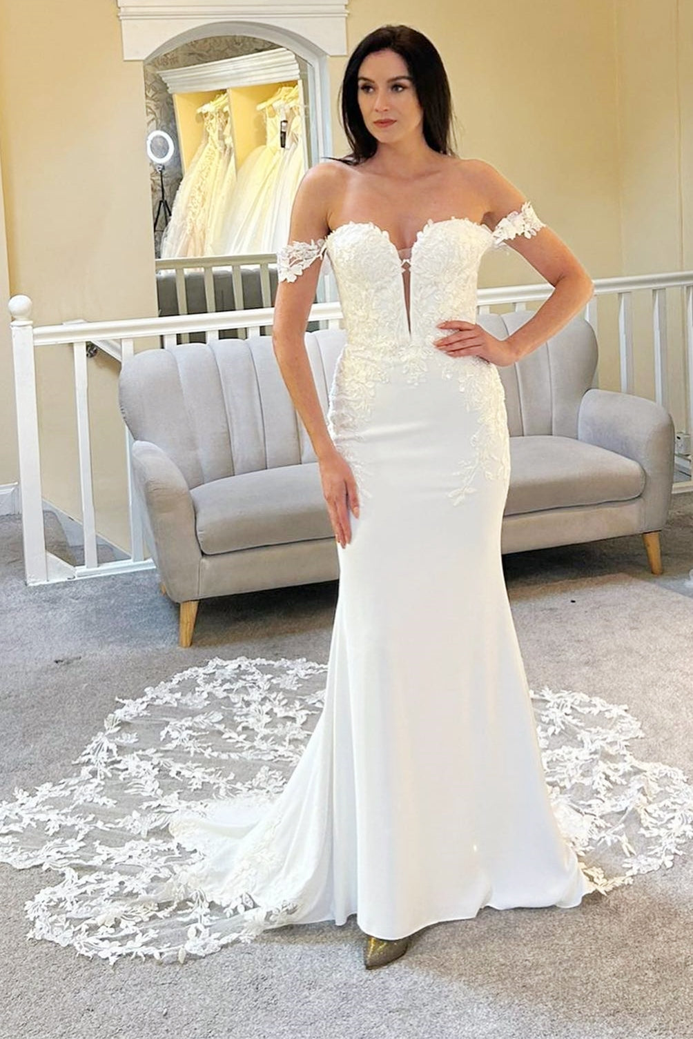 off the shoulder scalloped dress White Off-the-Shoulder Scalloped Lace Mermaid Long Wedding Dress – Modsele