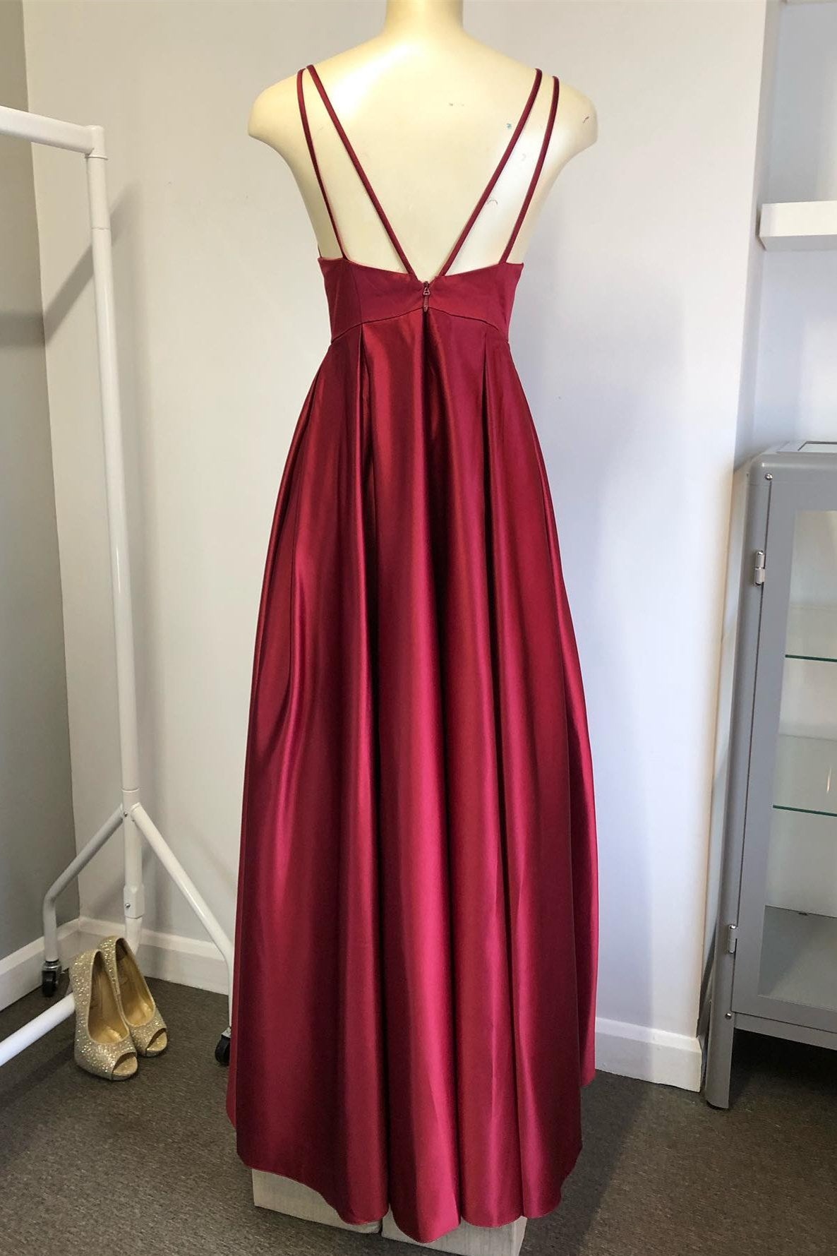 Wine Red Double Straps Satin Wedding Guest Dress with Slit